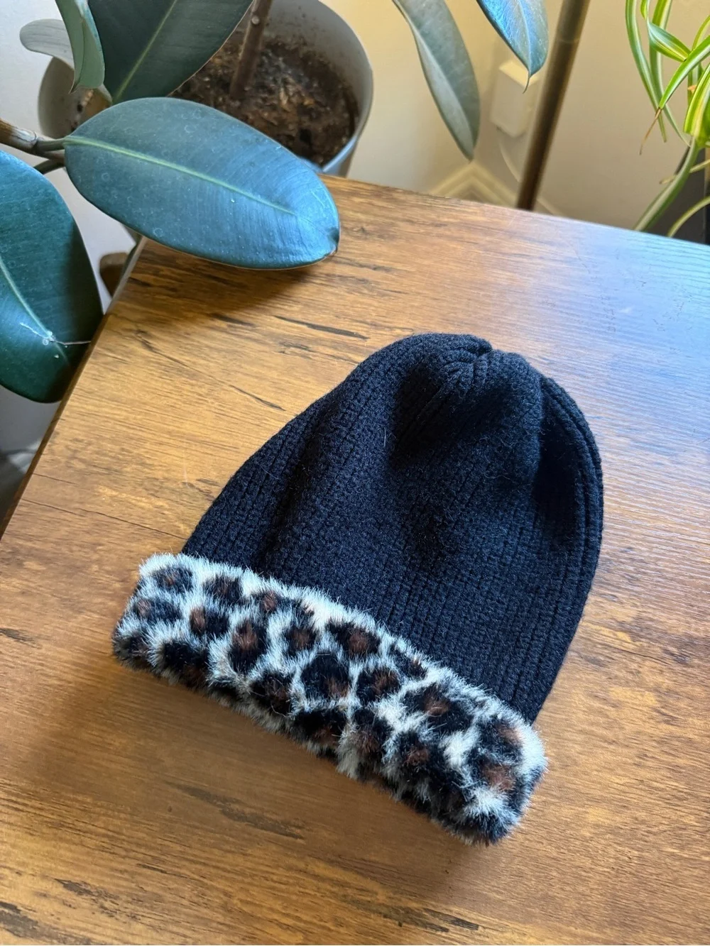 Black Beanie with Leopard Faux-Fur Cuff